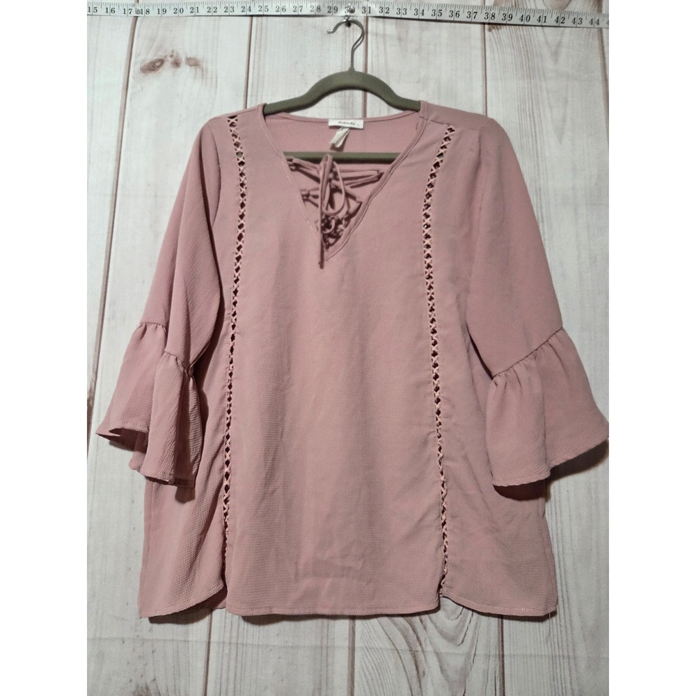 Belinda USA Womens Lace Up V-Neck Crochet Trim Ruffle Sleeve Blouse Dusty Rose L